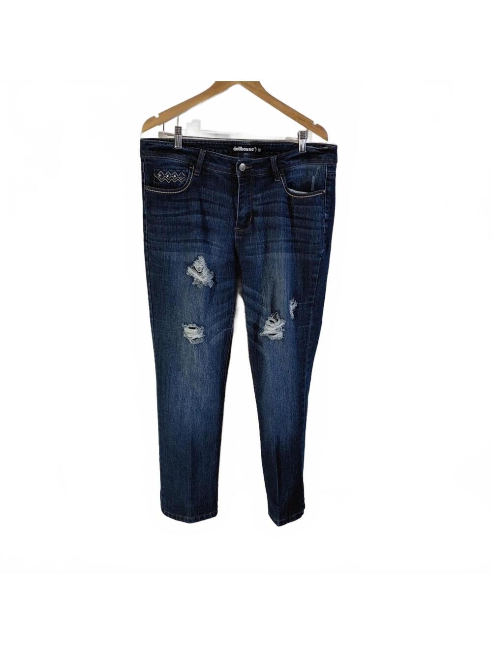 Dollhouse Distressed Dark Wash Denim Jeans with Embroidered Back Pockets Size 16